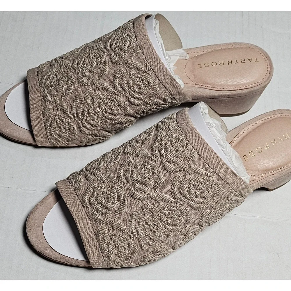 Taryn‎ Rose Nancy Knit Ceramic Beige Floral Textured Slide Mules 34TR0335 5.5M